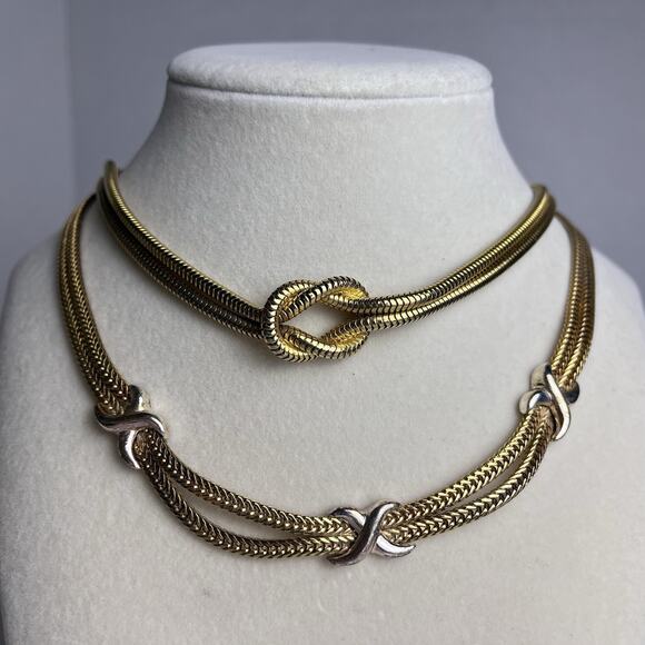 Vintage Double Strand Gold Tone Necklace Lot Avon X & Knot Tie 16-18" Costume - Picture 2 of 13